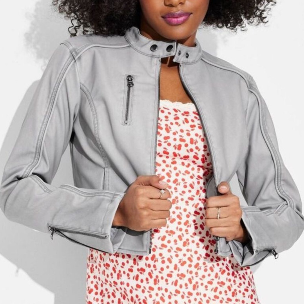 Wild Fable Gray Faux Leather Fitted Moto Jacket